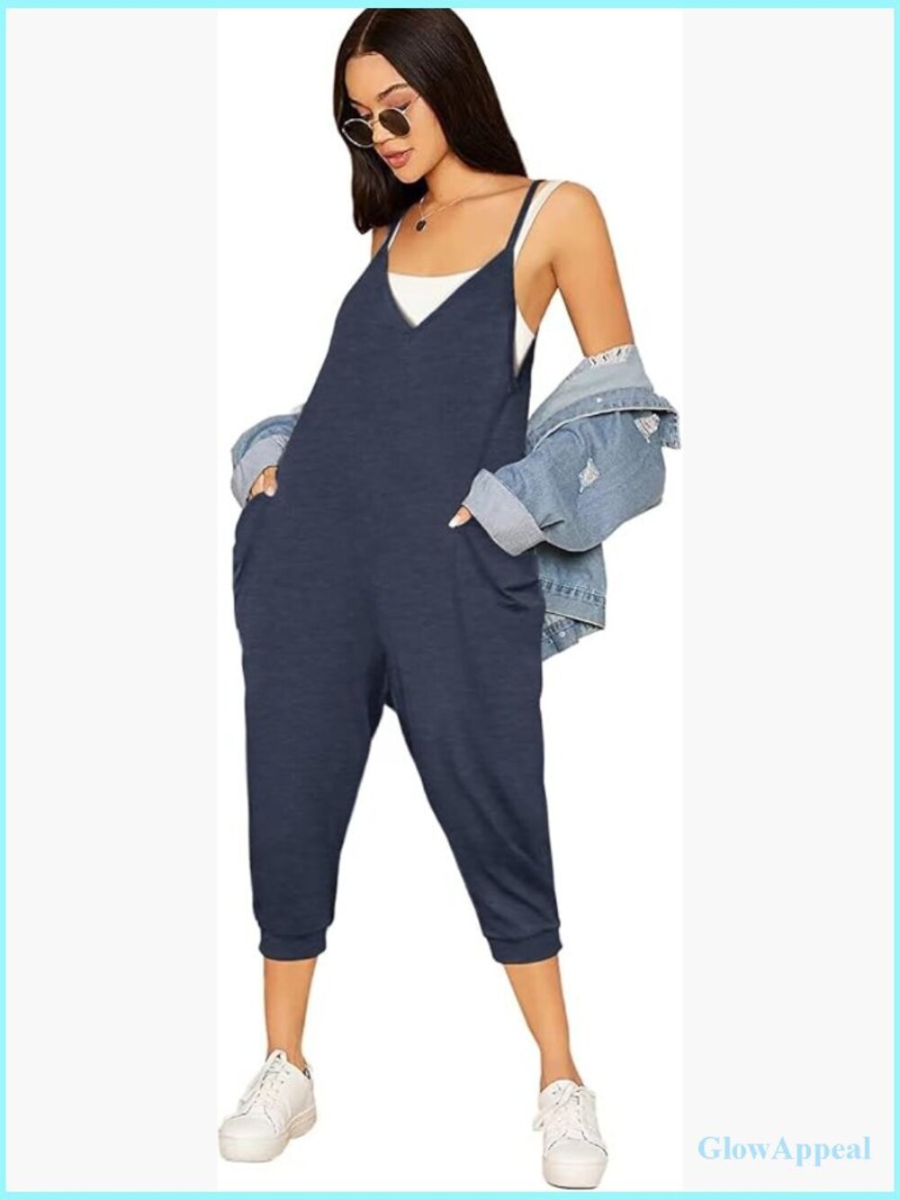 Women Spaghetti Strap Jumpsuit Sleeveless V Neck Adjustable Capri Pants with